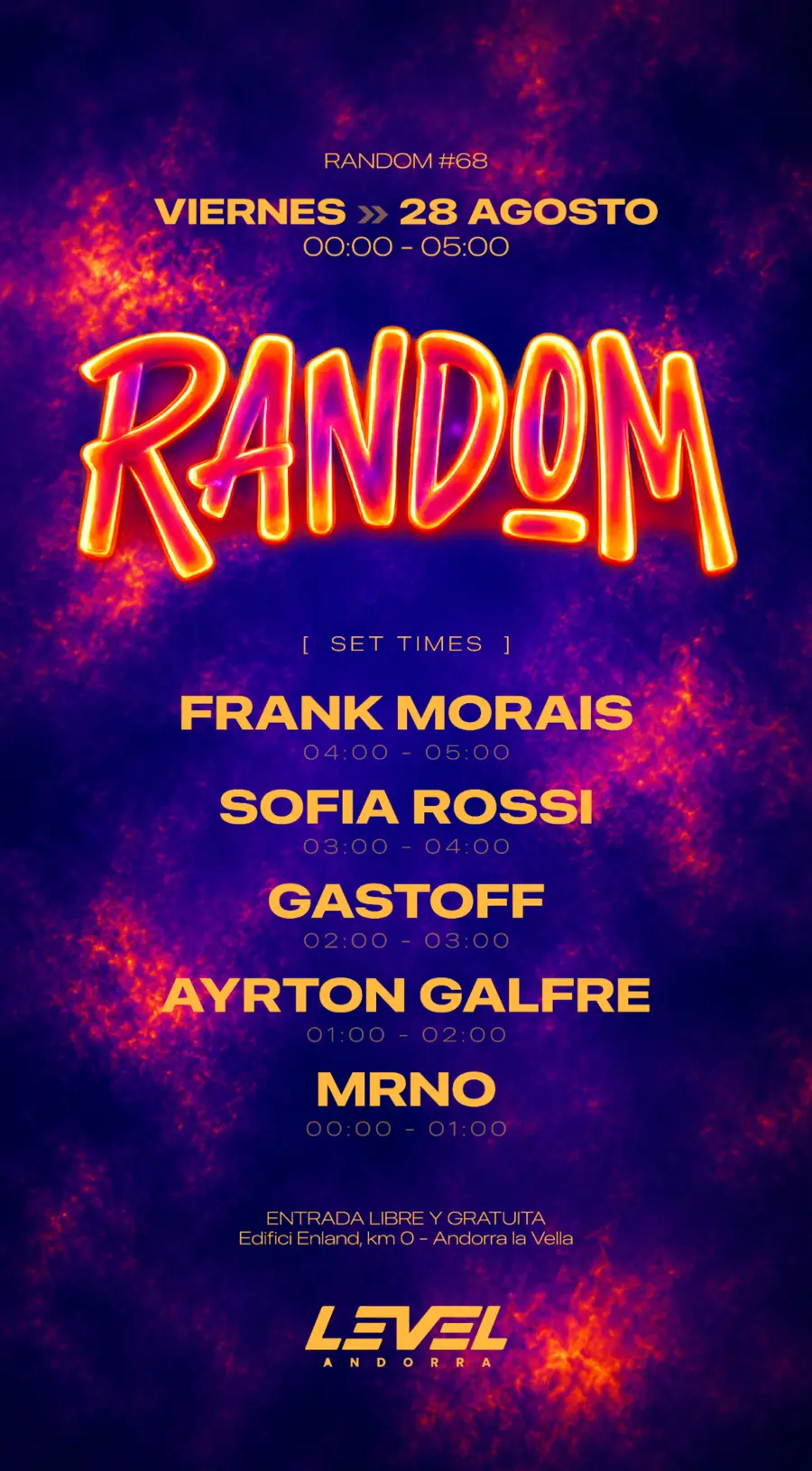 Flyer con set times de RANDOM #68