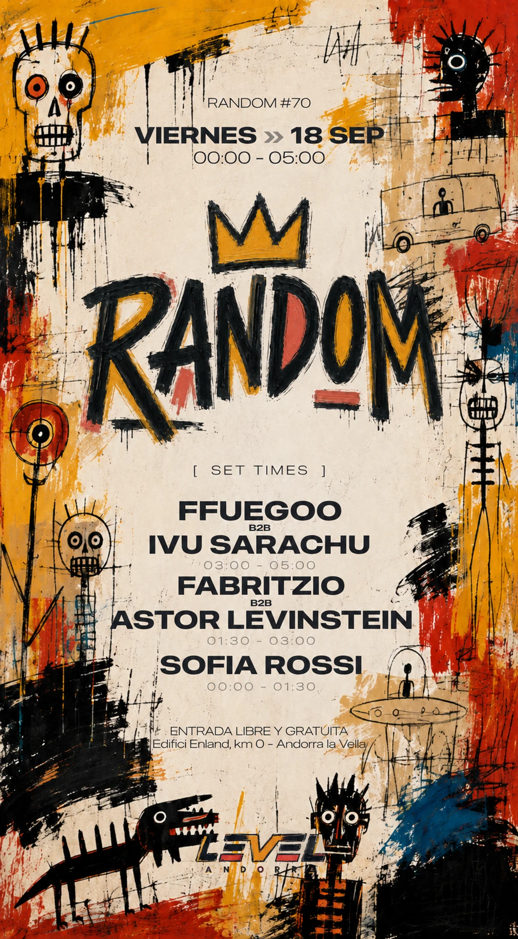Flyer con el LINE UP de RANDOM #70